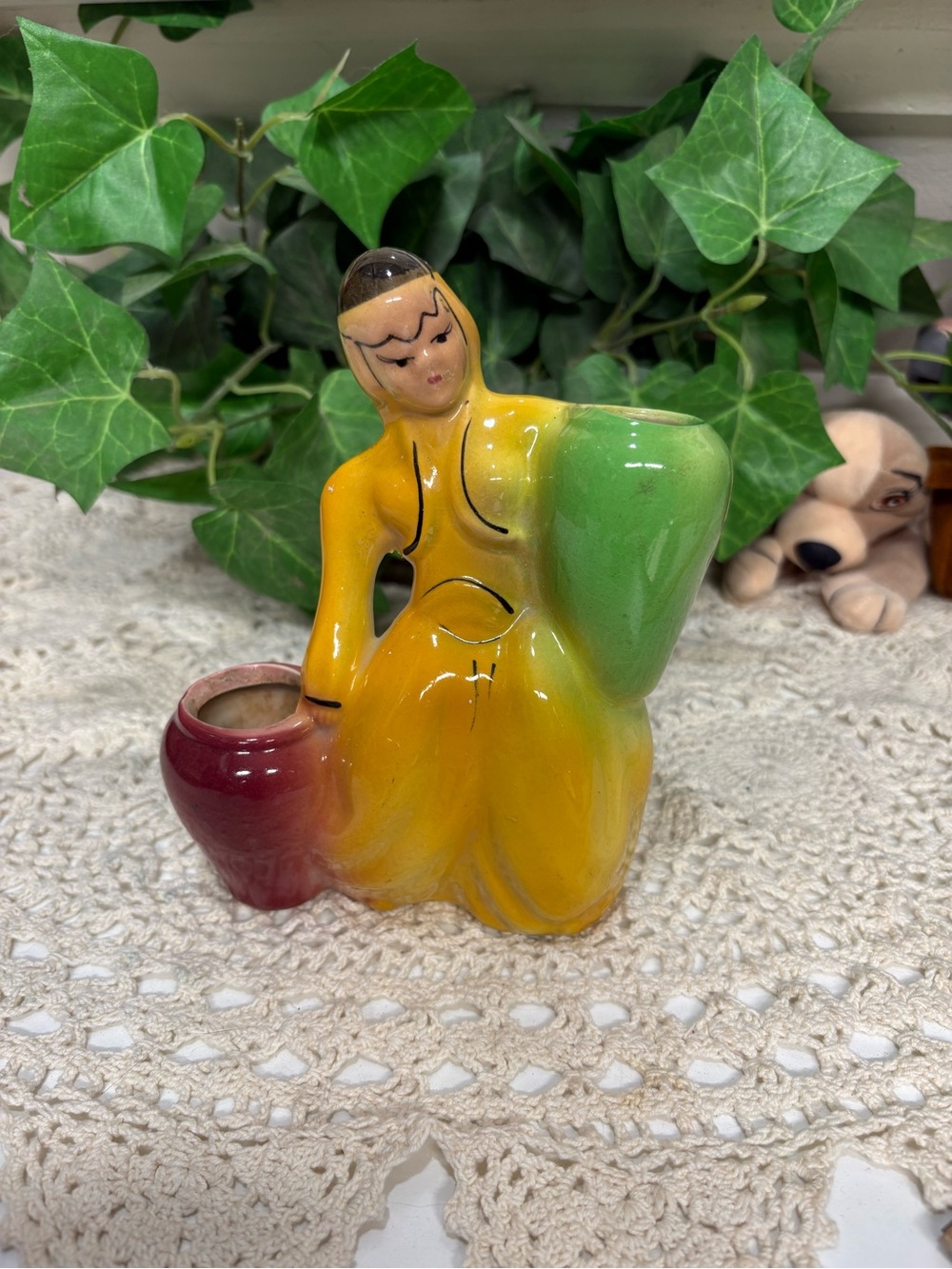 Ceramic Woman Figural Double Vase Yellow Green Red Glossy